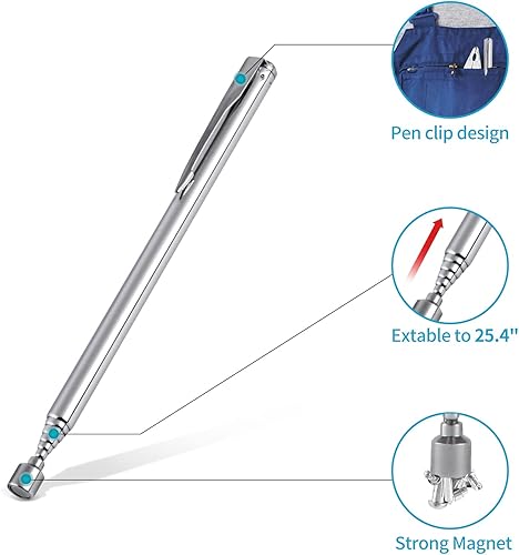 Miniatura 3 de 1 Pieza Herramienta de Recogida Magnética Telescópica de 3.5 Libras, con Diseño de Clip para Bolígrafo, Varilla Magnética Extensible de 5.1" a 25.4"
