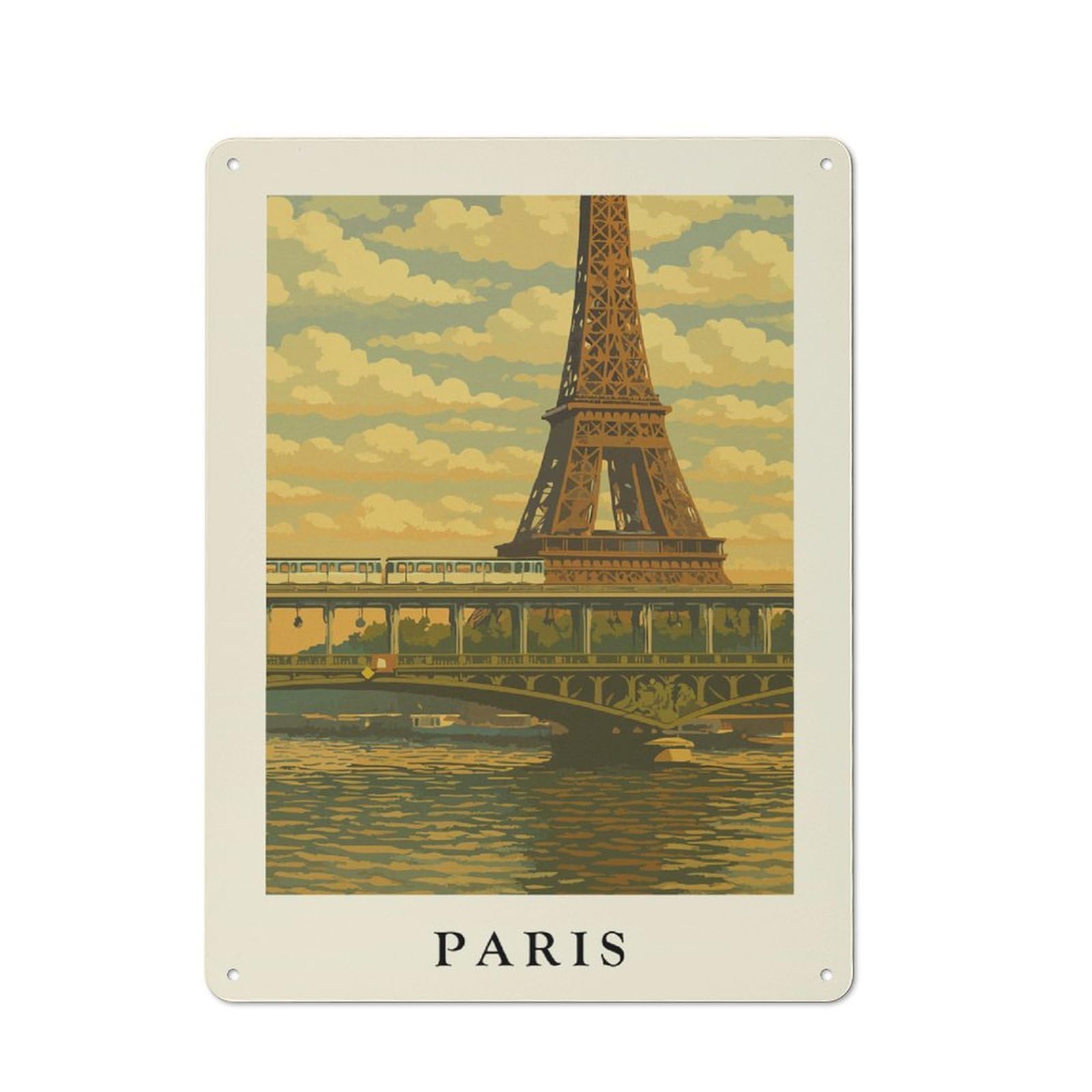 Paris Eiffel Tower Travel Retro Metal Wall Decor 40x30cm, Retro Metal Sign for Garage, Hobby Room, Office Or Man Cave