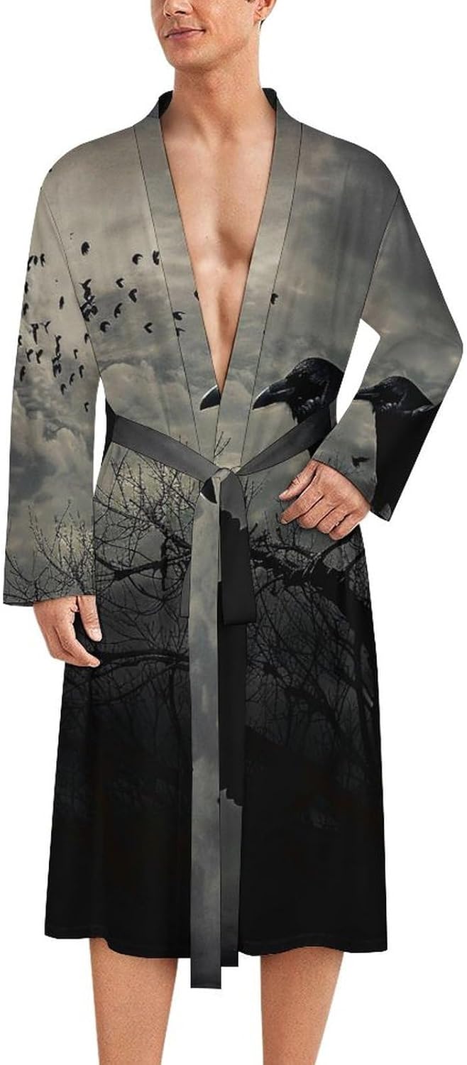 Night Crow Print Bath Robe Soft and Breathable Long Bathrobe for Men and Women in Bathroom, Spa, Pool, and Home, XX-Large