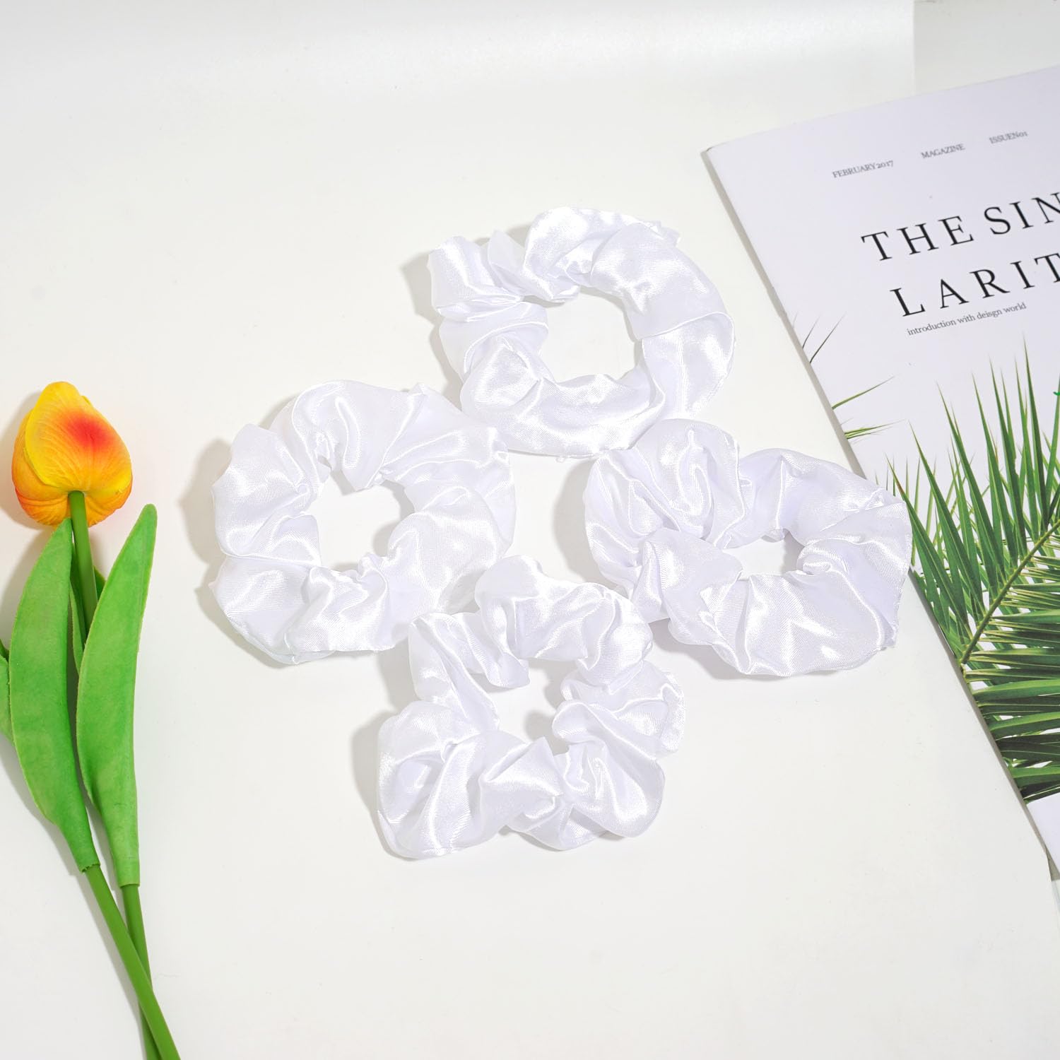 80 Pieces White Satin Scrunchies Bulk, Solid Color Elastic  display picture 1