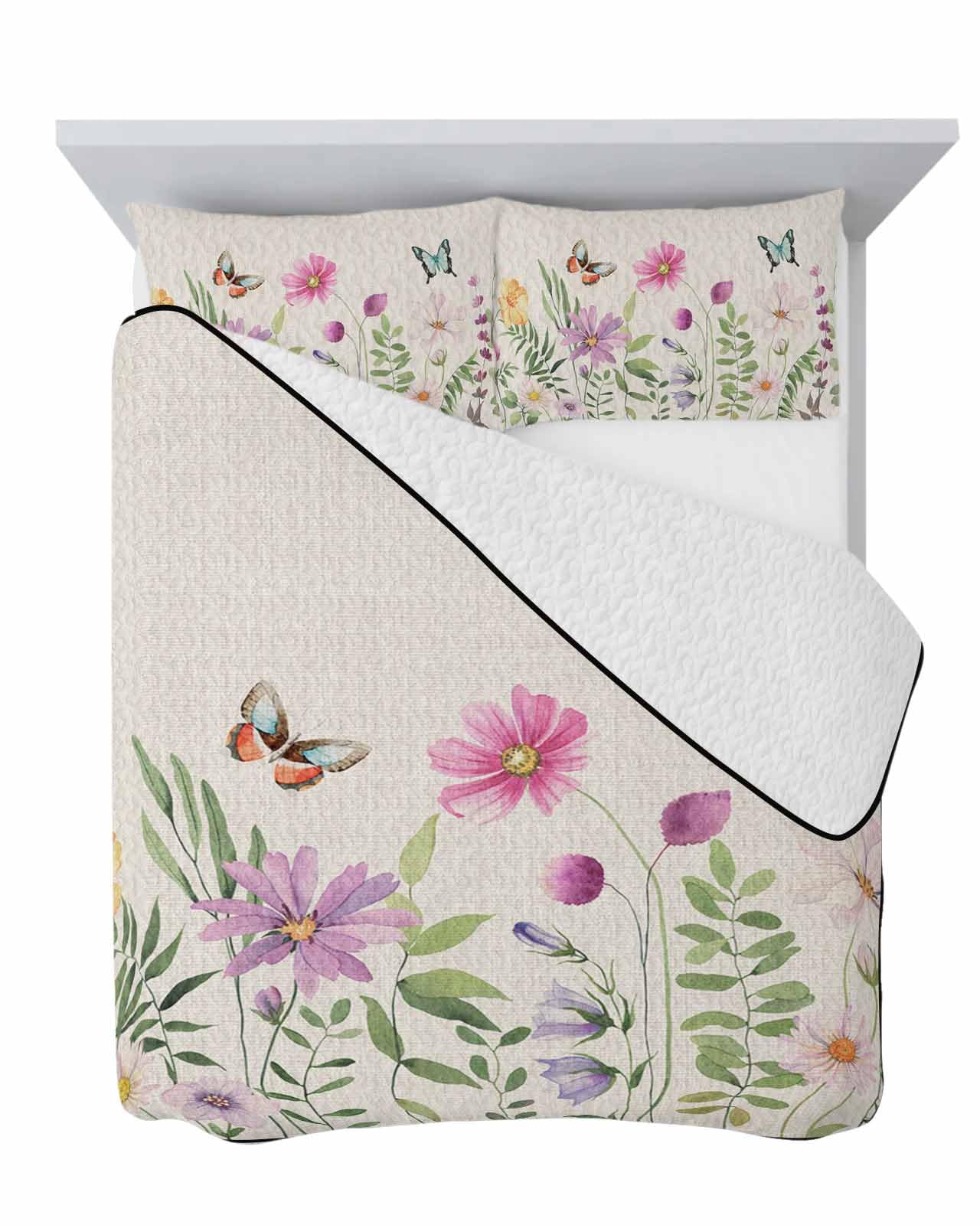 Quilt Set Twin XL Size 3 Pieces Quilted Bedspread-Thin Soft Cozy, Daisy Flower Butterfly Mori Girl Style Stitched Lightweight Quilt Coverlet Bedding Sets for All Season (1 Quilt, 2 Pillow Shams)