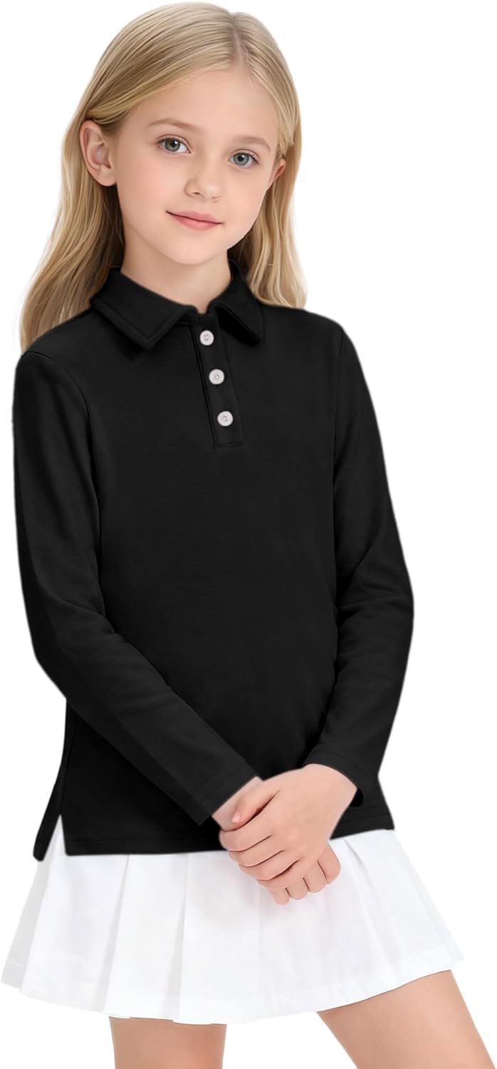 Girls Uniform Shirts Long Sleeve Polo Shirt for Girls School Uniform Shirts Size 5-14 Years