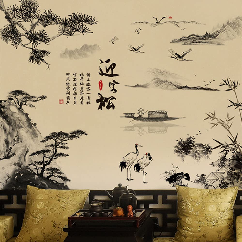 Ststs One Color Chinese Wall Stickers, Chinese Ink Painting Landscape Wall Decals Boat Home Decor Wallpaper Mountain Wall Sticker
