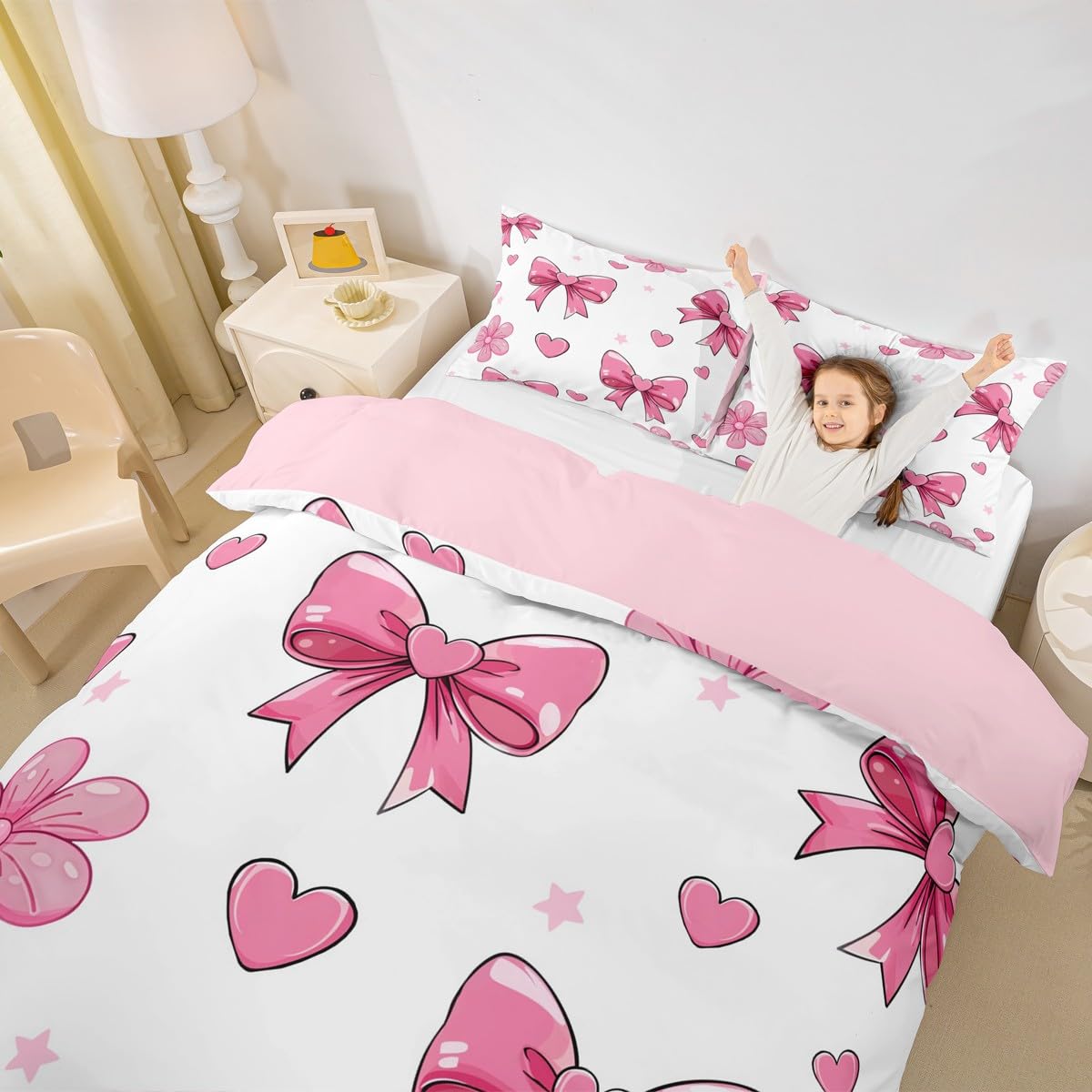 Homemissing Cute Bowknot Duvet Cover Set Single Size Pink Bow Tie Duvet Cover for Boys Girls Flower Star Print Bedding Set 2Pcs Love Heart Room Decor - Image 4
