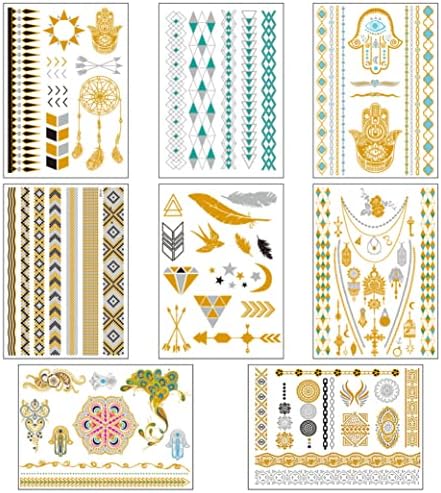 Metallic Temporary Tattoos for Women Teens Girls - 8 Sheets Gold Silver Temporary Tats Glitter Shimmer Designs Jewelry Tattoos - 100+ Color Flash Fake Waterproof Tattoo Stickers (Caicos)