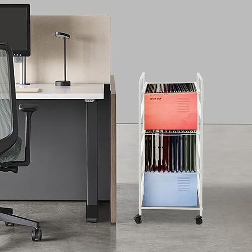 Miniatura 8 de LOYALHEARTDY Carro de archivo de metal de 3 niveles con ruedas, archivo colgante para tamaño carta, carpeta de archivos extraíble movible, estante