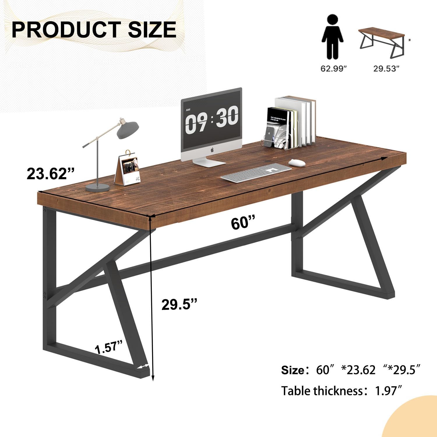 Scrivania Per Computer In Legno Massello 152 Cm - Design Rustico, Gambe A K In Metallo, Per Casa E Ufficio