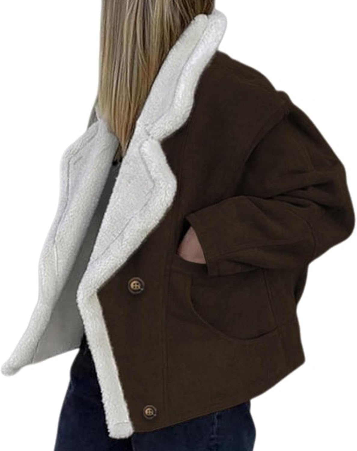 Women's Winter Warm Outerwear Faux Suede Fleece Sherpa Lined Jacket Coats Button Down Thick Oversized Trendy Jackets