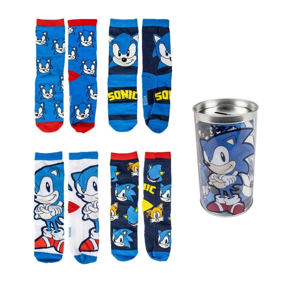 CARTOON Sonic Kids Socks 4 Pairs Cotton Blend Socks with Money Box, multi-coloured, 35-38