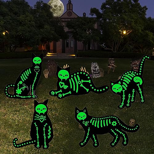 Halloween Decorations Outdoor Yard Signs, 5 Pcs Glow In The Dark Skeleton Cat