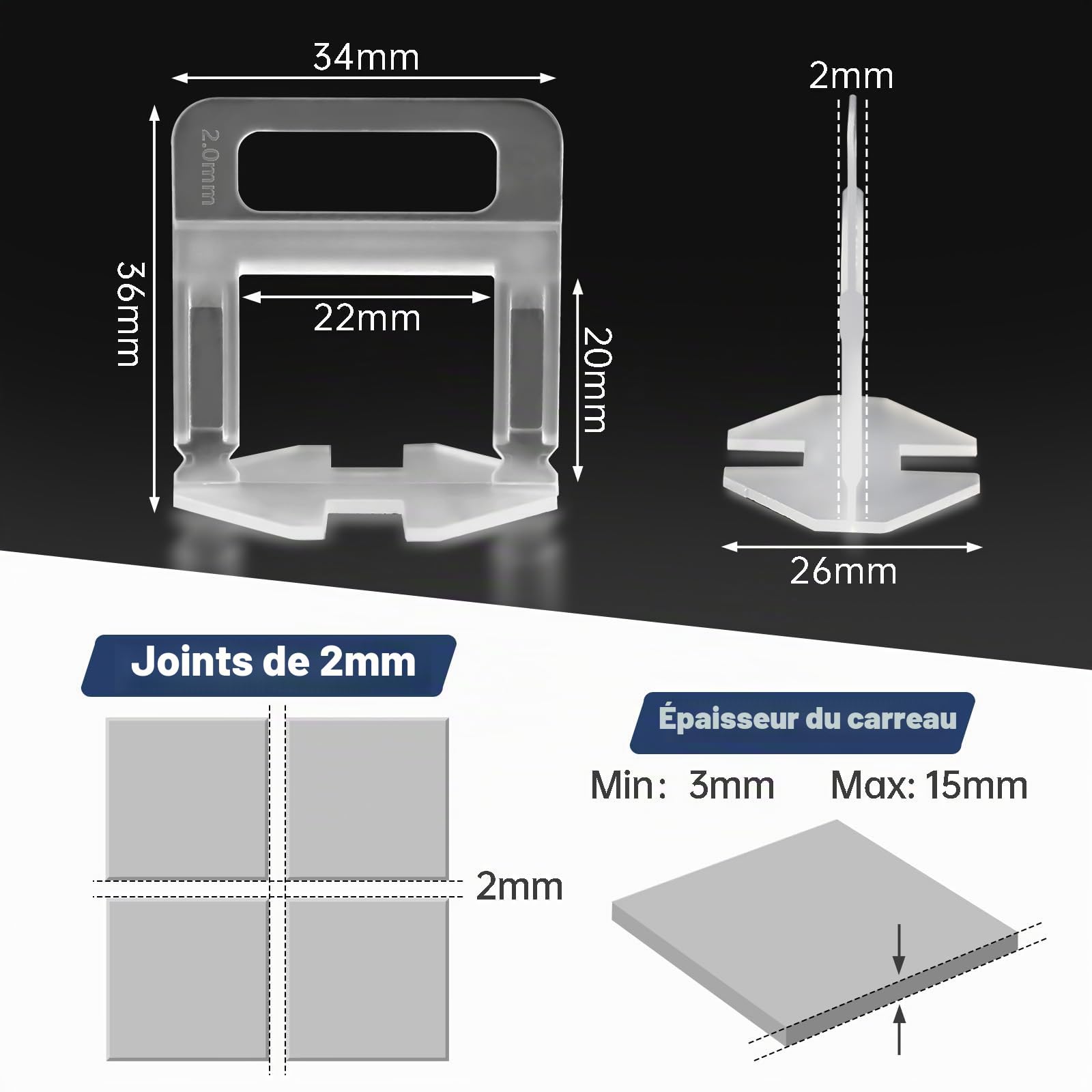 1000 Pièces Croisillon Autonivelant 2mm Joint Carrelage, kit Système de Nivellement de Carrelage Croisillon Carrelage Autonivelant, Languettes de Nivellement pour Pose de Carreaux de Sol Mur