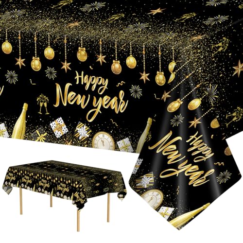 2 Pcs Happy New Years Tablecloth Plastic - Black Gold New Years Eve Party Supplies 2026 Table Cloth Disposable Large Happy New Year Table Cover for 2026 New Year Party Tables Decorations 54x108 Inch