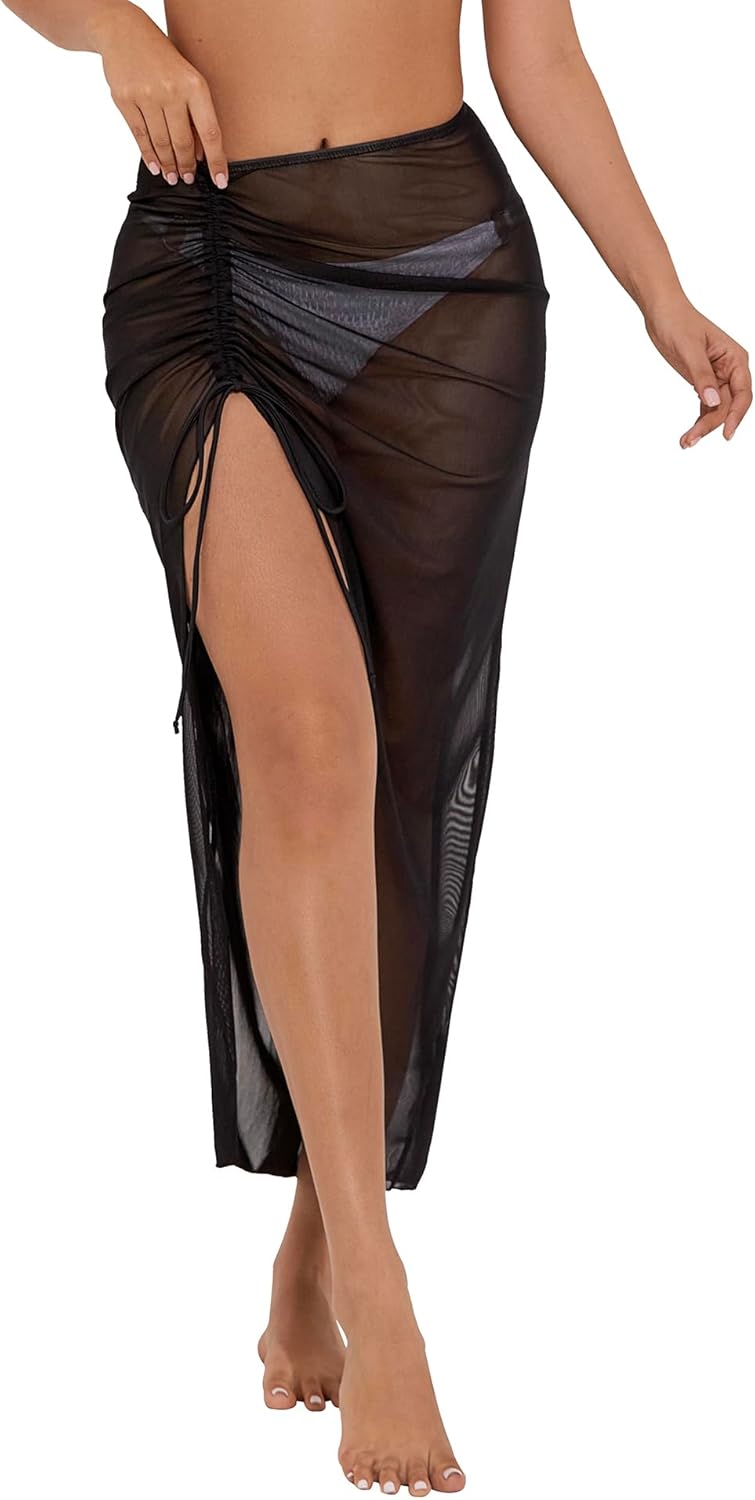 Women's Long Sarong Cover Ups Semi-Sheer Bikini Wraps Lightweight Beach Wrap Skirts with Adjustable Drawstring