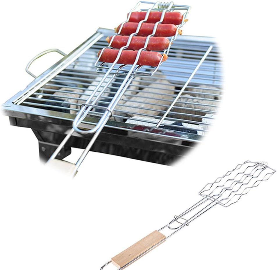 Metal Wooden Handle BBQ Sausage Grilling Basket Grill Rack Hot Dog Mesh Clips