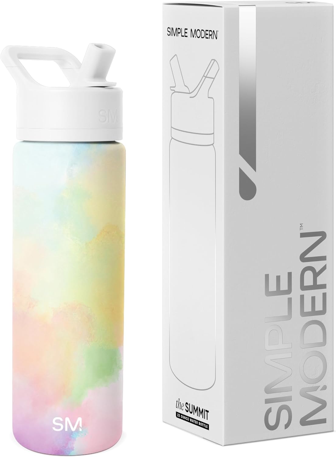 Simple Modern Water Bottle with Straw Lid | Vacuum Insulated Stainless Steel Metal | Reusable Leak Proof BPA-Free Cup for School | Summit Collection | 22oz, Cotton Candy Tie Dye