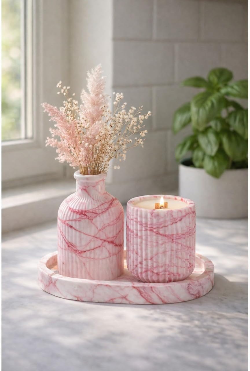 El Yapımı Dekoratif Vazo, Mumluk & Tepsi Seti – Pembe & Beyaz Mermer Desenli Modern Beton Dekor