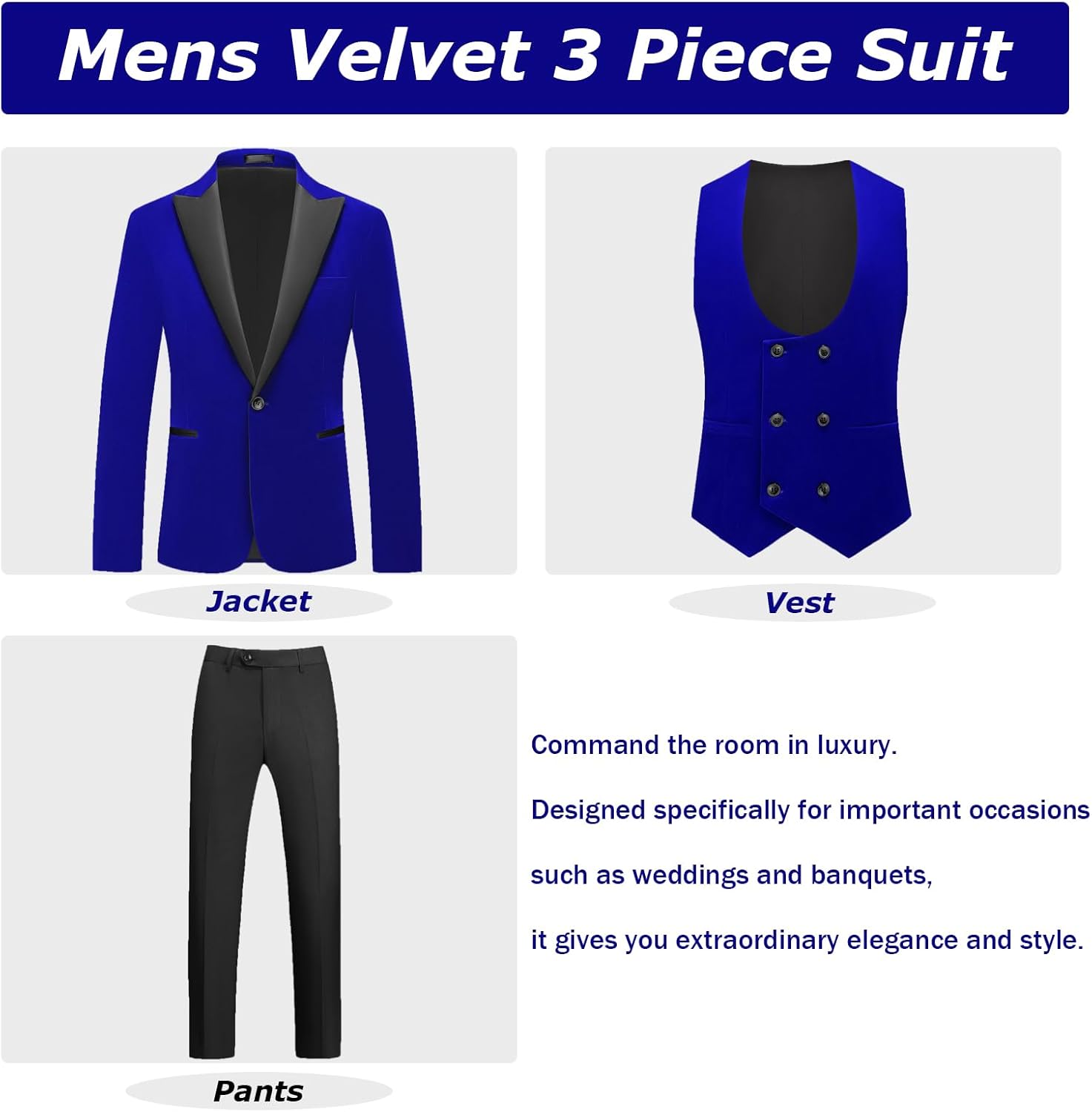 Mens Velvet Suit 3 Piece Slim Fit Tuxedo Peak Lapel Formal Blazer One Button Jacket Vest Pants for Prom Wedding - Image 2