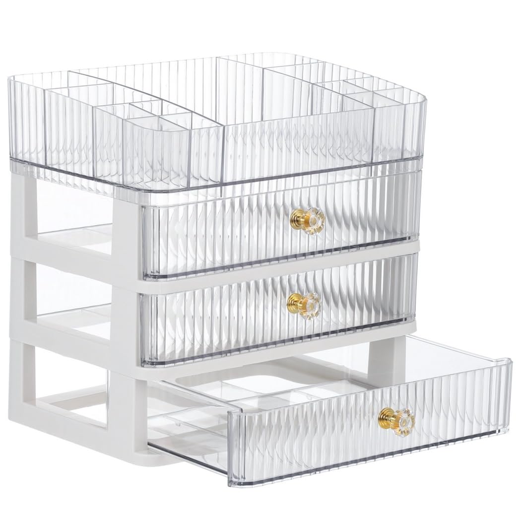 Organizador de maquillaje, caja de almacenamiento de cosméticos transparente de 4 capas con 3 cajones, caja de maquillaje de escritorio de gran capacidad para pintalabios, perfume, pinceles