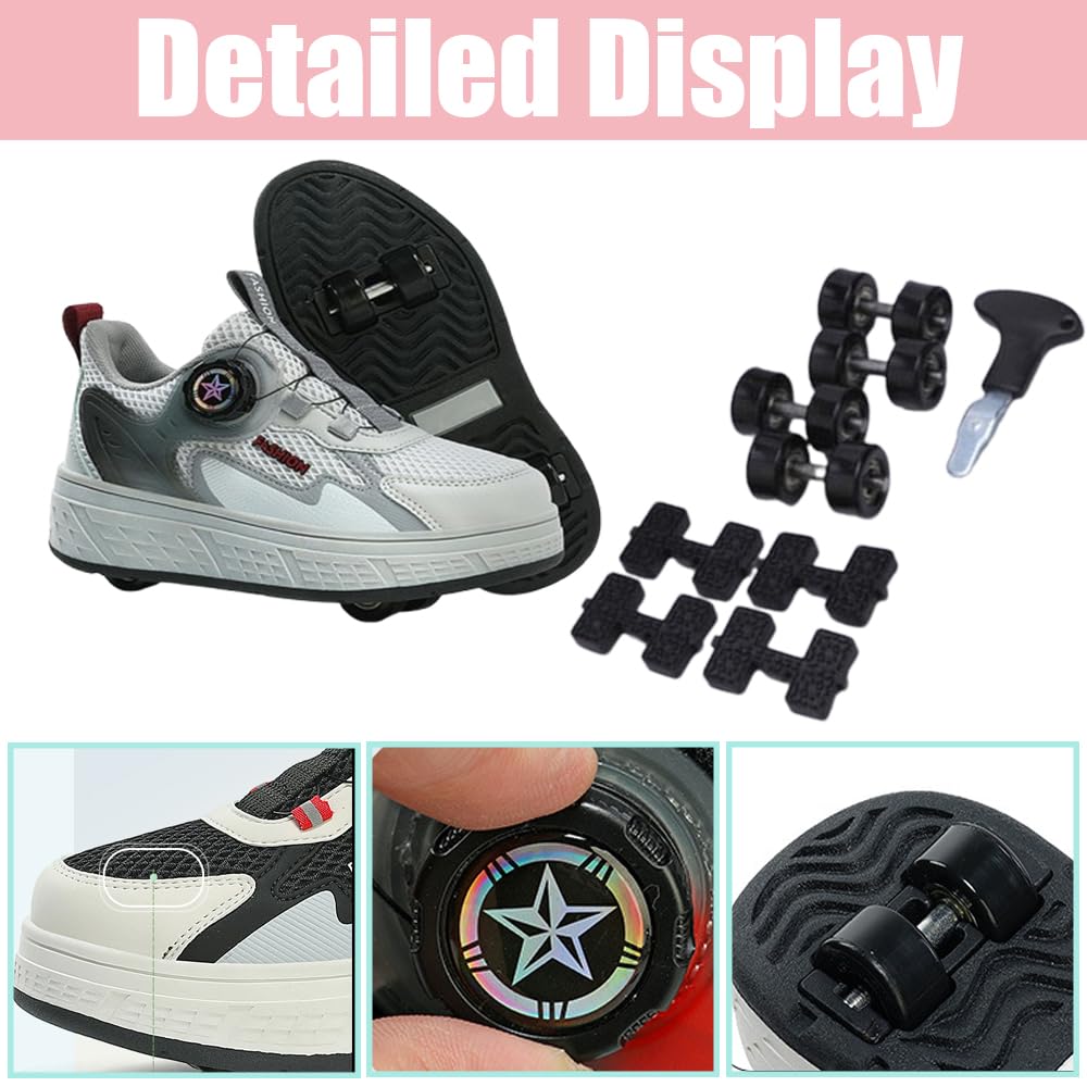 Hixingo Chaussure a Roulette pour Fille Garçons, Chaussures a roulettes avec Roues Chaussures de Skateboard, Patins à roulettes Lacet Revolve Basket à roulettes Noir Gris