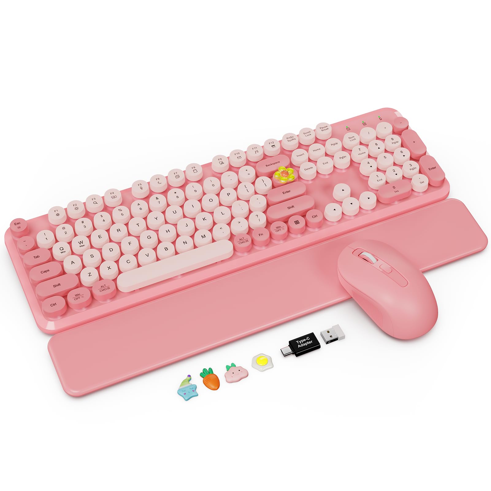 Wireless Keyboard and Mouse Combo, Pink, Round Keycaps, Magnetic Wrist Rest