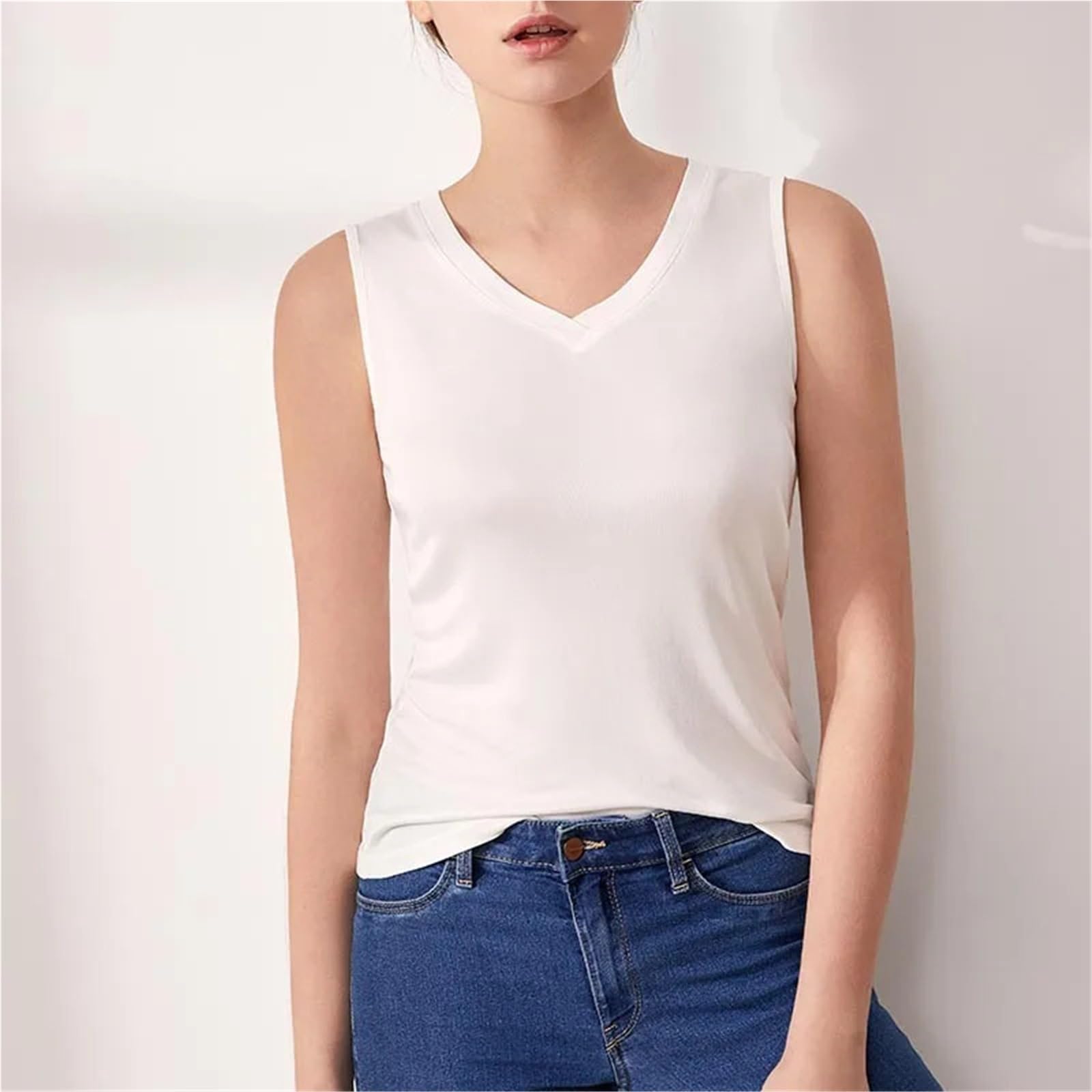 Camisola SóLida BáSica Camisola de Seda Morera Natural con Tirantes for Mujer, Chaleco Liso Cuello en V, sin Mangas para Niña Camisola
