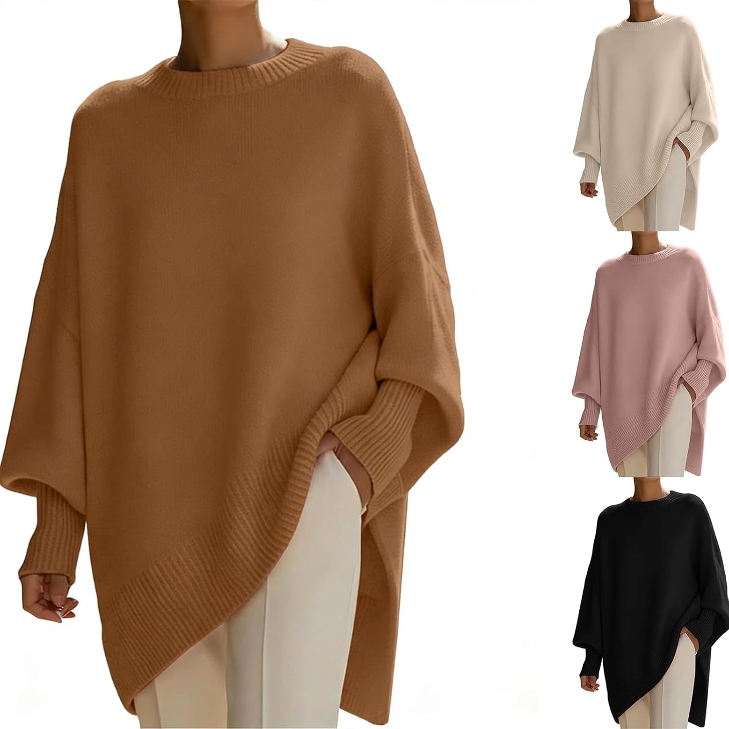 Women’s Oversized Batwing Sleeve Sweater, Cozy Long Sleeve Crew Neck Knit Pullover Casual Poncho Sweater - Image 2