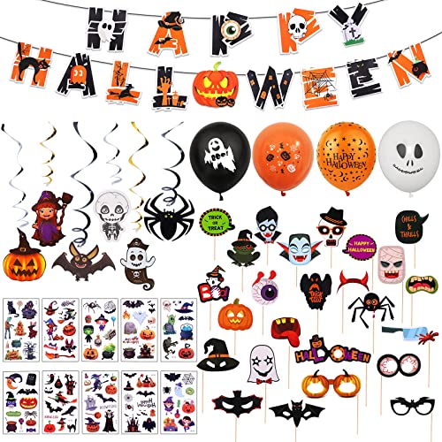 AnJeey Decoracion Halloween Kit, Happy Halloween Bandera, 25Pcs Globos, 25Pcs Accesorios para Fotos, 10Pcs Tatuajes Halloween, Halloween Decoracion Interior Exterior Cover