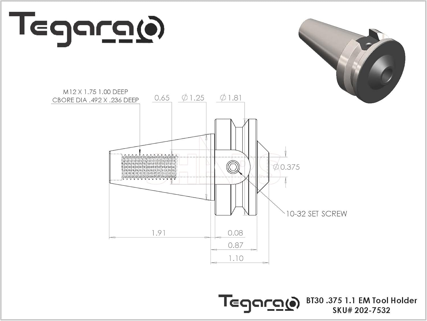 Tegara 3/8" x 1.10" BT30 End Mill Tool Holder 2 pcs 202-7532-2 P[