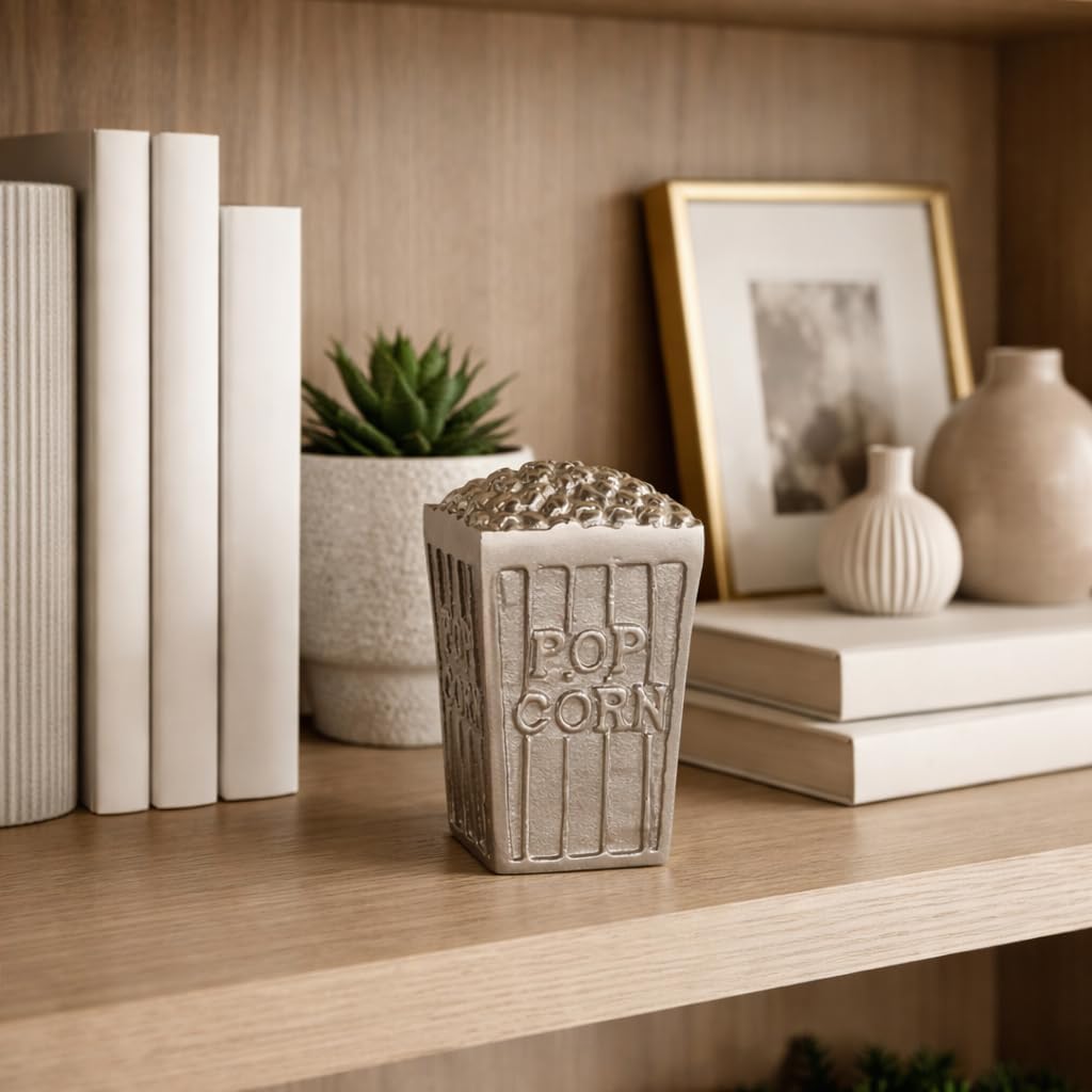 Popcorn Box Home Decor Figurine Ornament - Contemporary Aluminum Sculpture Statue for Shelf or Coffee Table Display - Modern Accent Piece for Living Room, Bathroom, Office or Room - 7", Silver & Gold