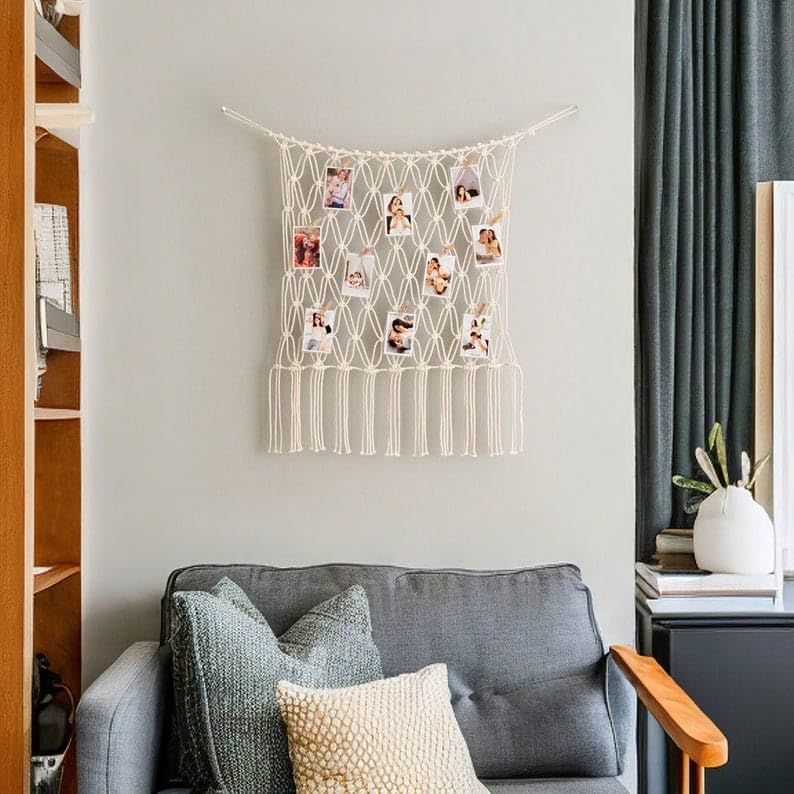 Macrame Photo Display Wall Hanging, Picture Organizer with 20 Wooden Clips & Fairy LED String Lights, Bohemian Frame for Bedroom