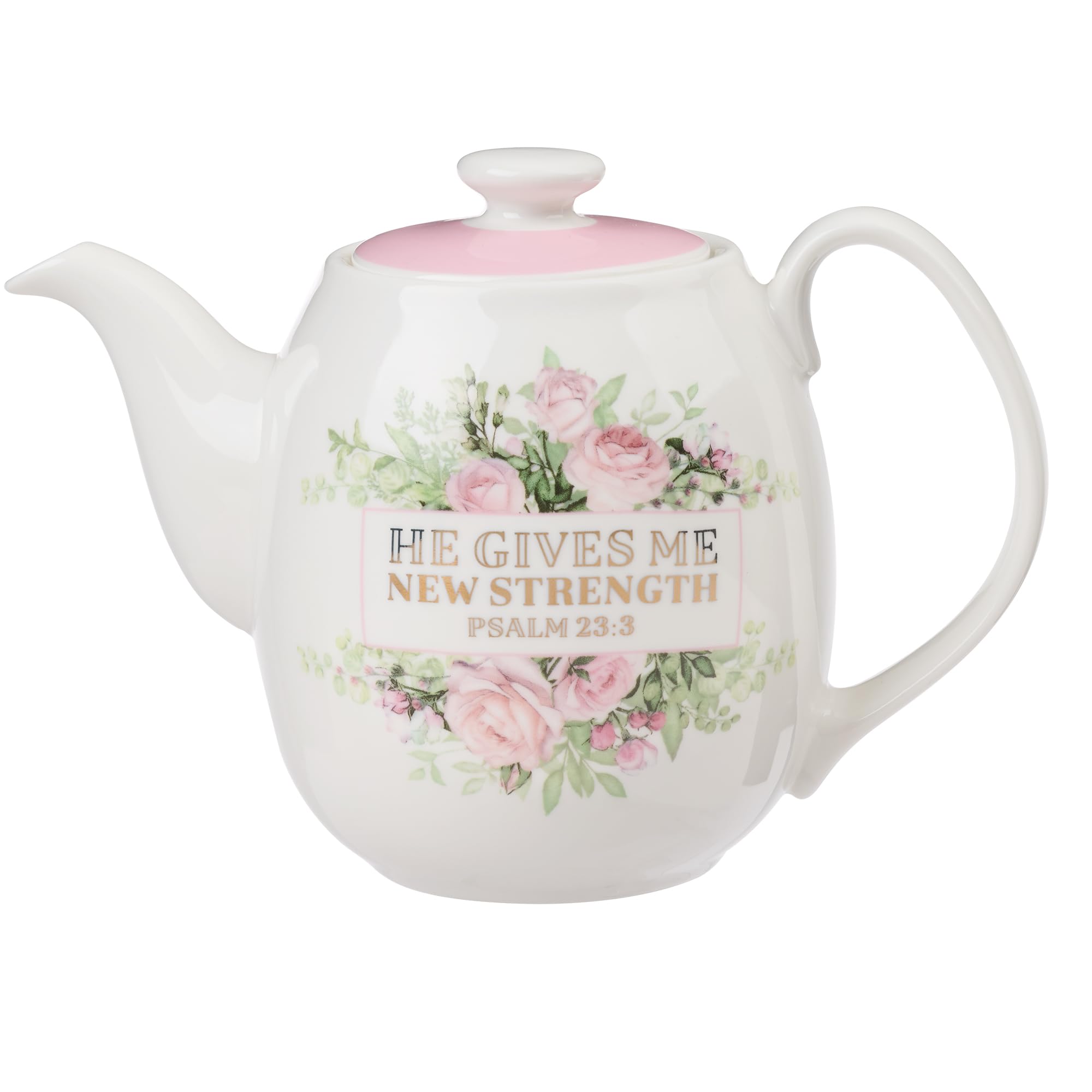 Christian Art Gifts Women's White Ceramic Teapot for One: He Gives Me New Strength - Psalm 23:3 Inspirational Bible Verse, Novelty/Vintage Pink Rose Flower Bouquet w/Golden Foil for Hot & Cold, 32 oz.