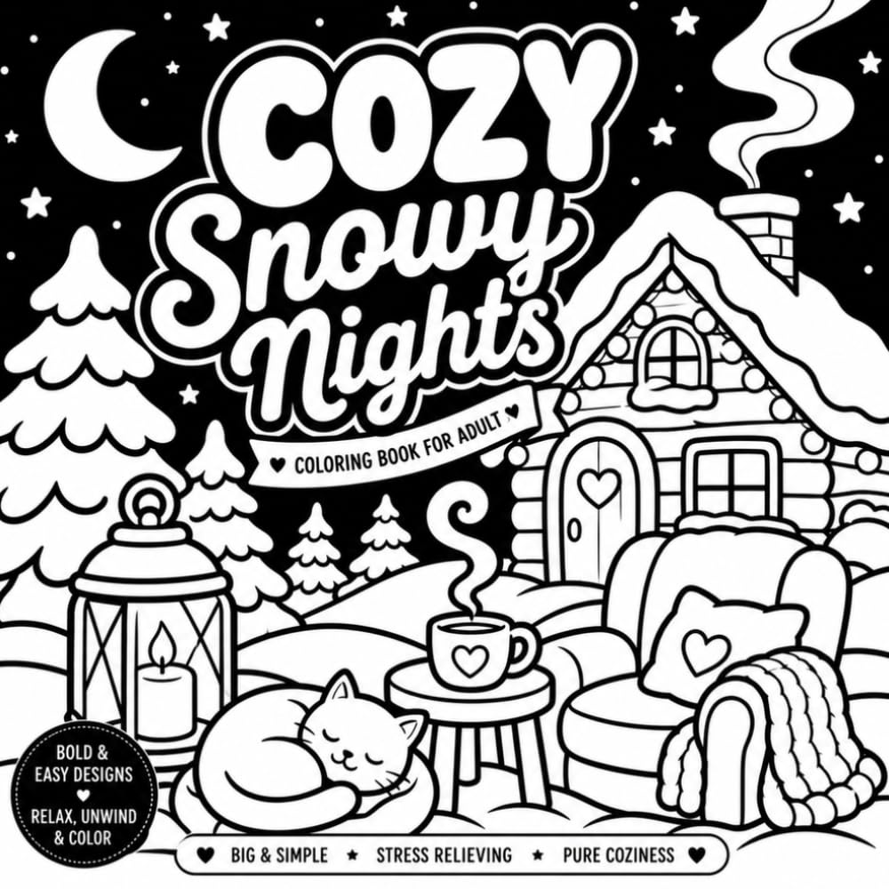 Cozy Snowy Nights: Bold and Easy Winter Coloring Book for Adults Featuring Cozy Cabins, Snowy Evenings, Cute Animals and Relaxing Scenes