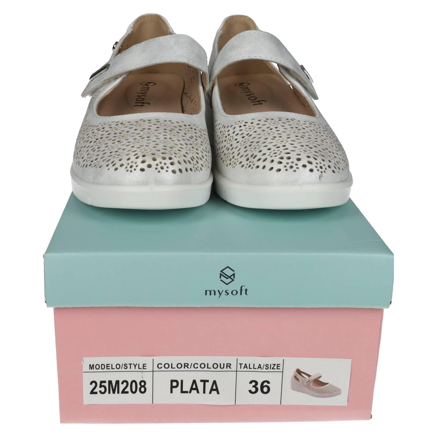 mysoft 25M208 Merceditas Mujer Plata con Diseño Calado y Cinta Textil Adhesiva Mujer Manoletinas