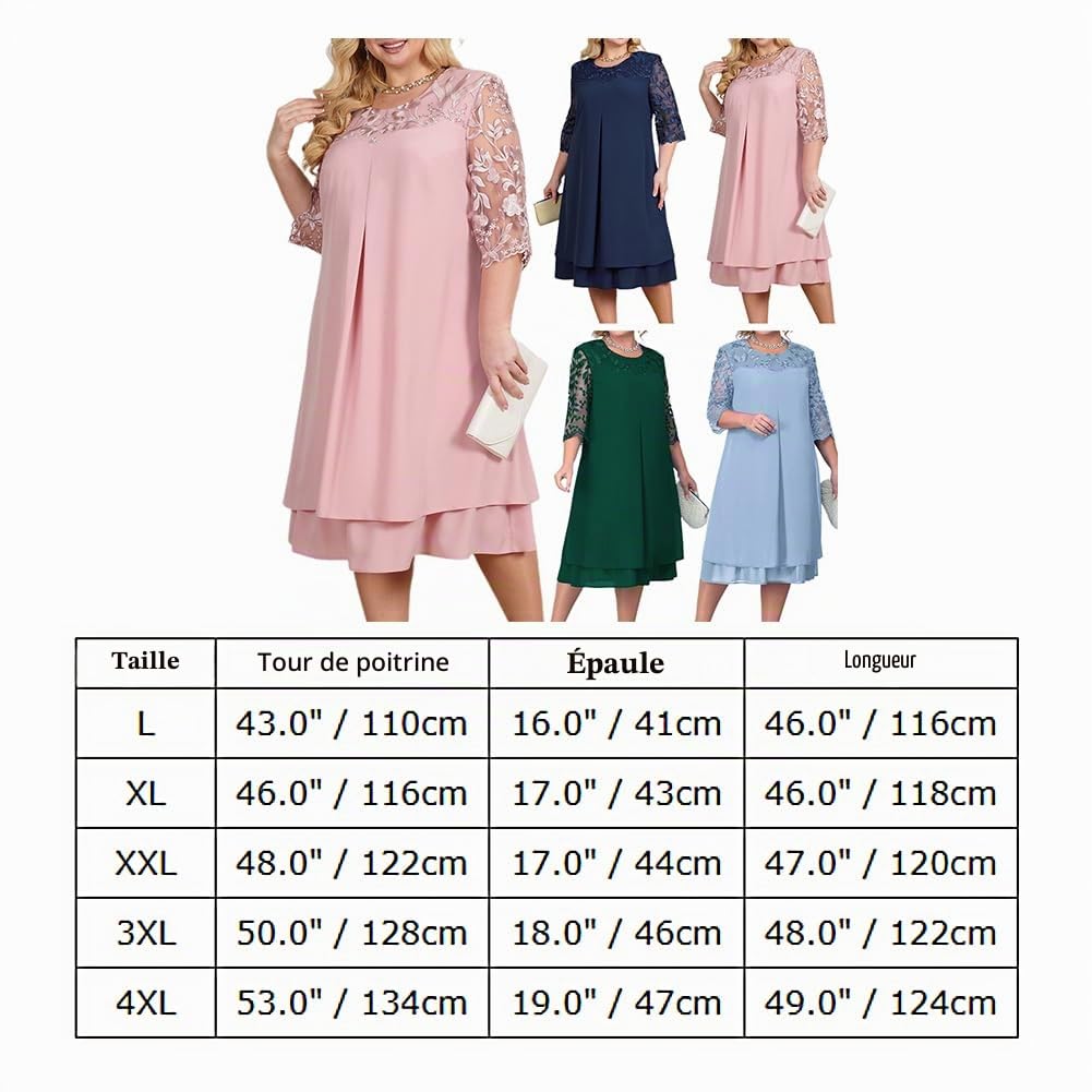Odizli Robe grande taille pour femme, élégante robe d'été avec broderie florale, manches 3/4, en mousseline, pour mariage et fête