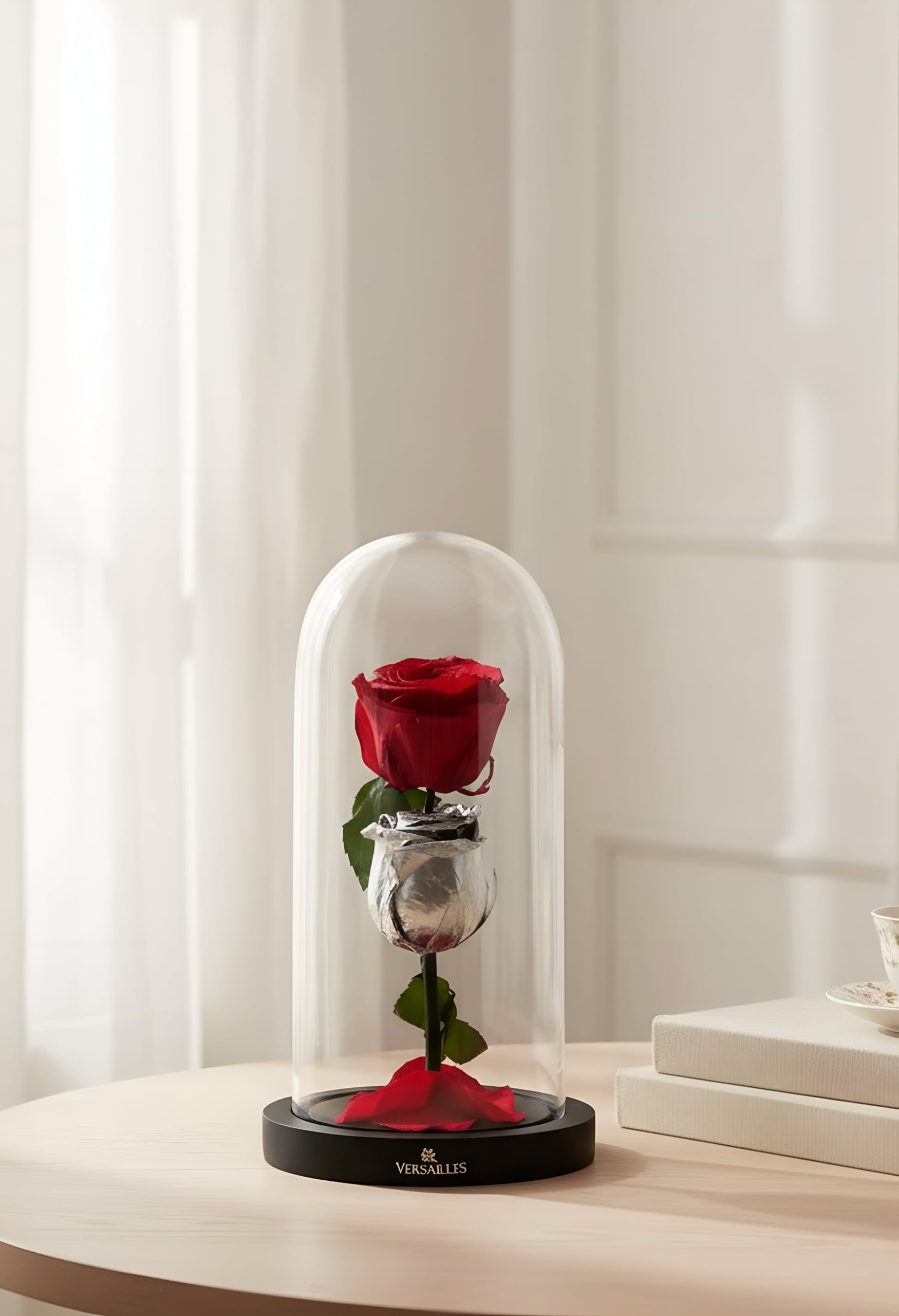 Versailles Preserved Flower Arrangement, Double Decker Red and Silver Rose in Glass Dome, Multicolor, Home Decor, 420 Grams-image-27
