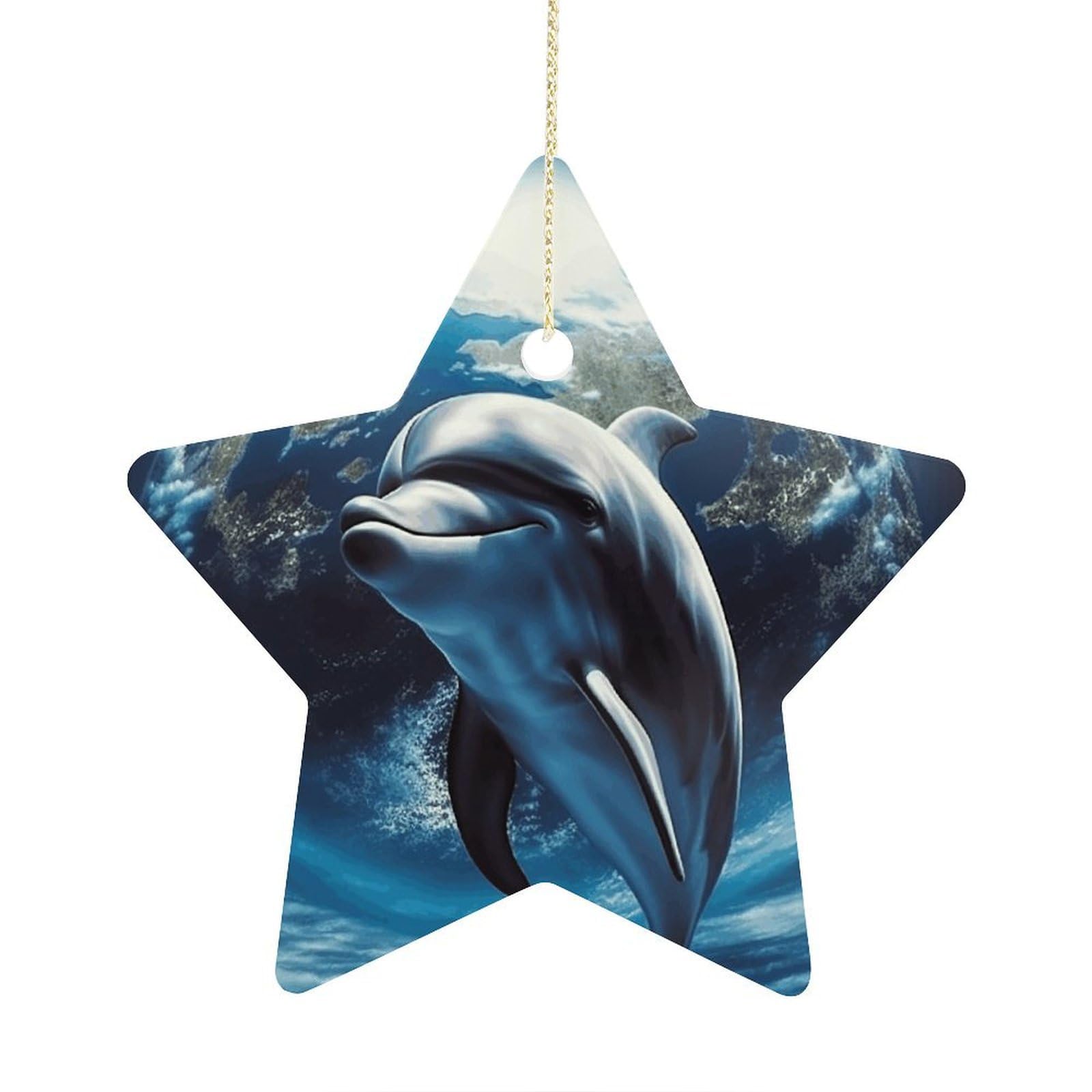 Dolphin Earth Stars Ornaments Ceramic Christmas Tree Hanging Light in Weight Christmas Star Pendants Funny Double-Sided Printed Xmas Ornaments for Gifts