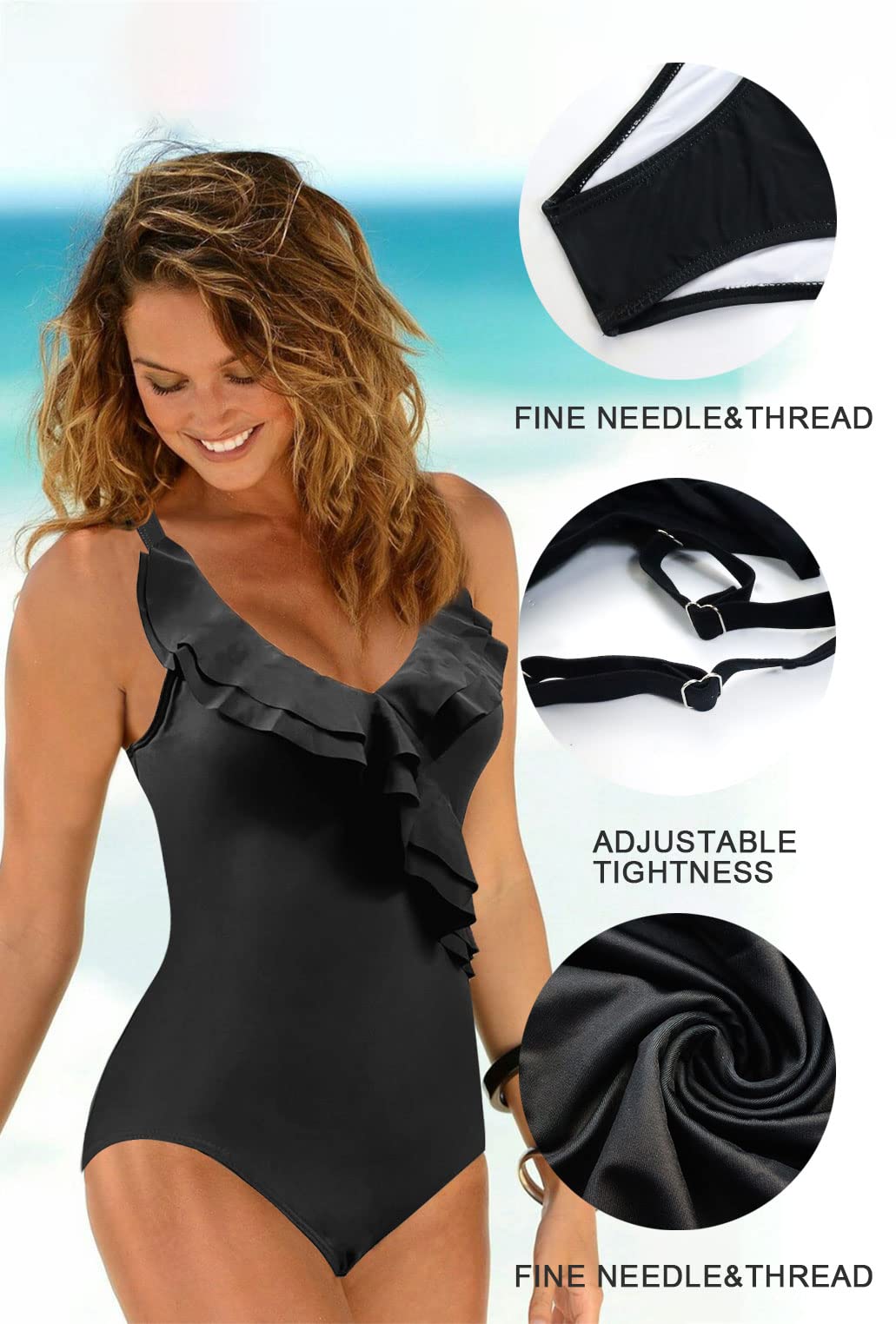 JFAN Costume da Bagno Intero Donna con Scollo A V Volant Stampa A Foglie Costumi da Mare Controllo della Pancia Un Pezzo