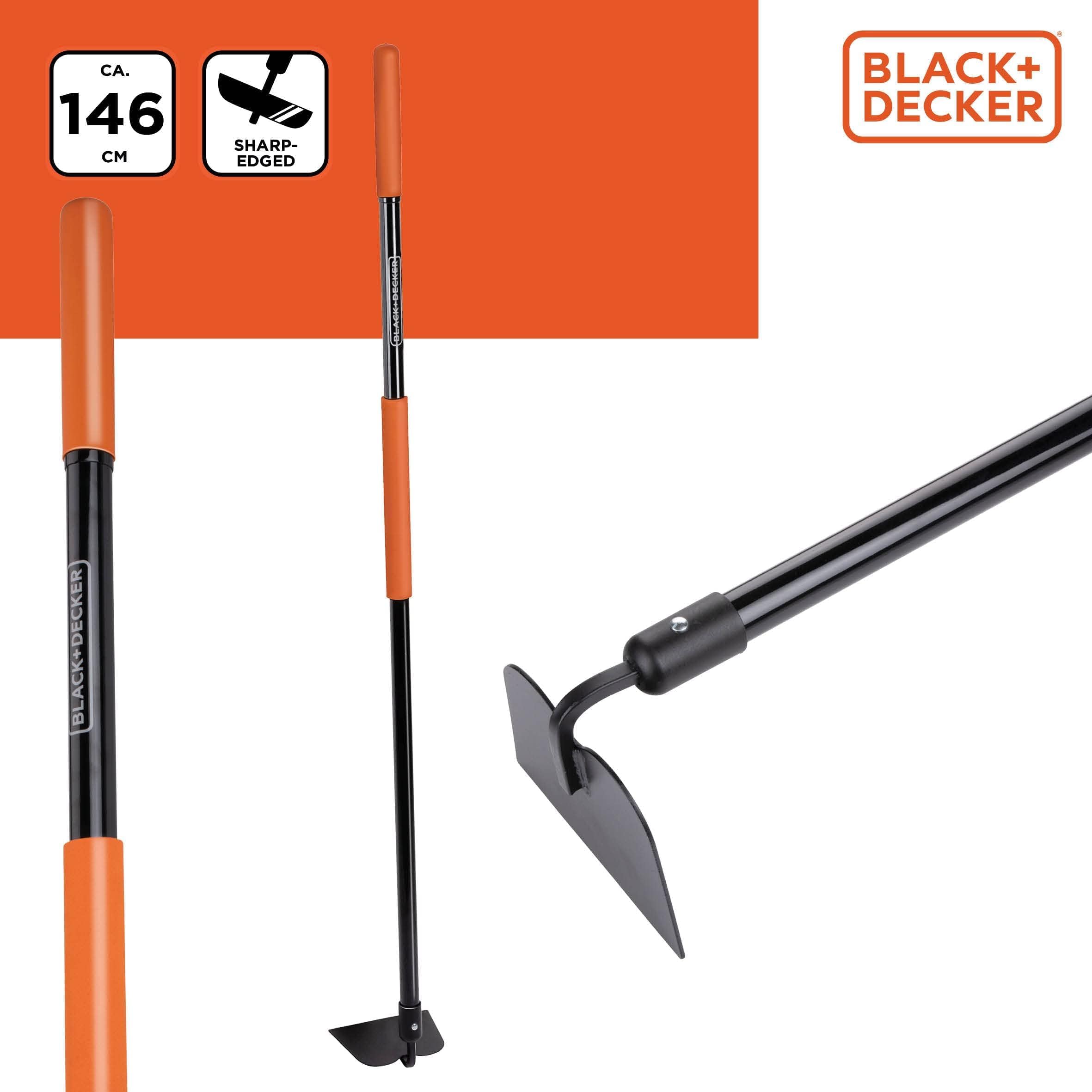 Black+Decker Motyka ogrodowa z trzonkiem – 146 x 16 x 14,5 cm – 990 g – motyka – pielenie chwastów i uprawa gleby – czarna/pomarańczowa