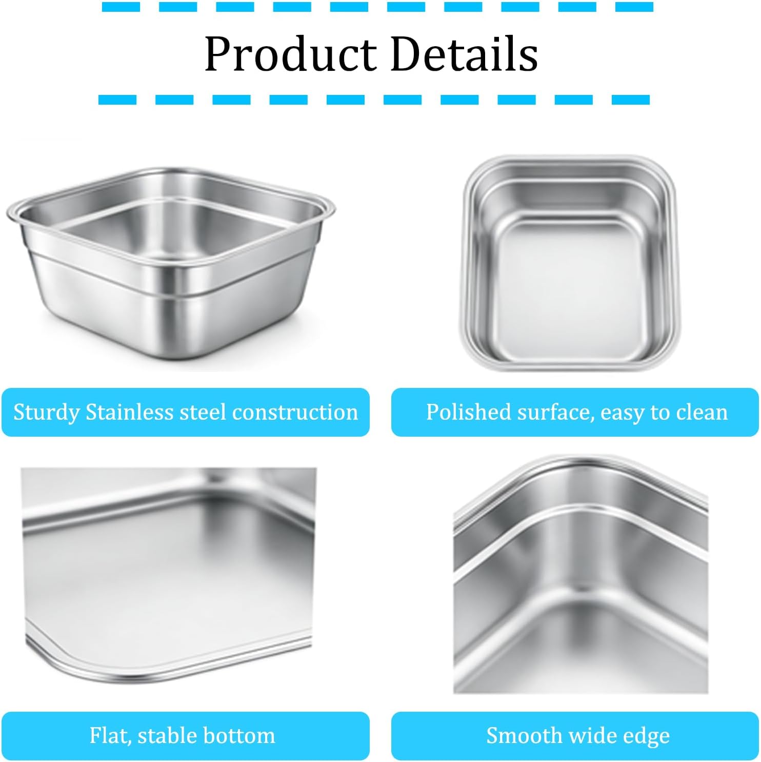 Stainless Steel Washing Up Bowl, Large Square Dish Tub for Kitchen Sink, 12.9 in Width Vegetable Washing Basin with Smooth Rim, Stable Flat Bottom Container for Home Cleaning