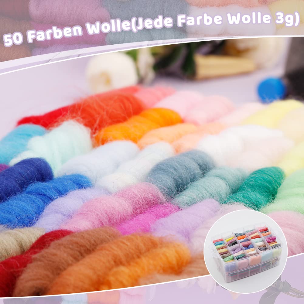 Ruasol Nadelfilz-Set, komplettes Nadelfilz-Werkzeug und Zubehör mit Filzwolle 50 Farben, Nadelfilz-Starter-Set mit Filzformen, hochdichte Schaumstoff-Aufbewahrungsbox für gefilzte Tier-Bastelarbeiten