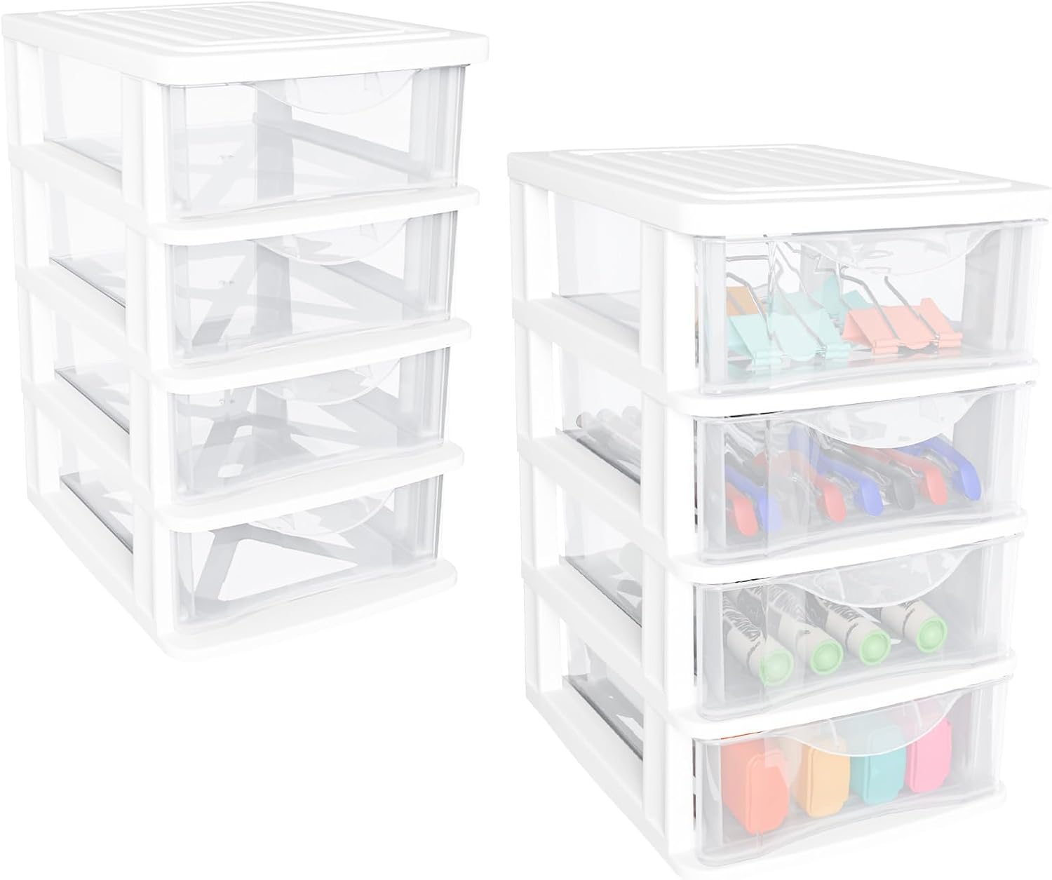 Small 4 Drawer Desktop Organizer, 2 Pack White Plastic Stroage, Desktop Organization for Small Tools (4tier 2pack)