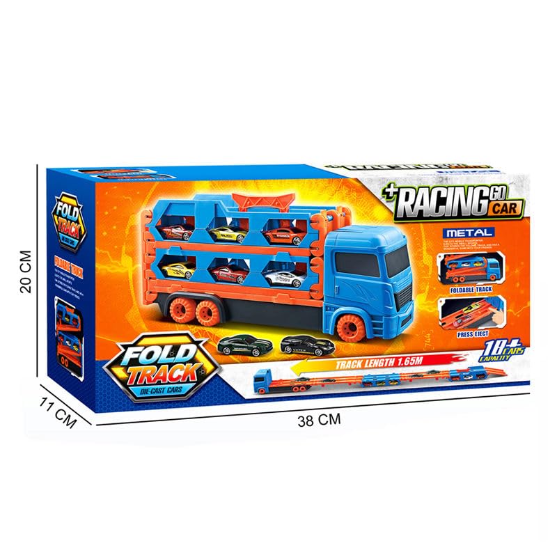 Image of WireScorts Big Hauler Transport Truck Toy with Foldable Ejection Race Track, 2 Die-Cast Cars Included, for Kids Boys 3+ Years, Blue