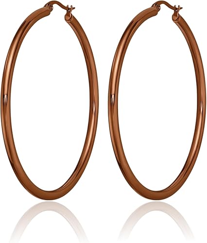 Vista 3 de Pendientes de aro extra grandes de acero inoxidable marrón 1.850 in 0.118 in, Acero inoxidable, No es una piedra preciosa