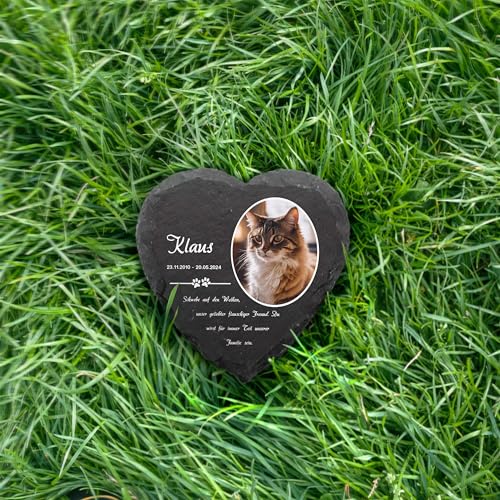 LAUBLUST Personalisierte Herzform Grabplatte mit Name & Foto als Grabschmuck für Hund, Katze & andere Haustiere - Pfoten, 3 Größen | Schieferplatte mit Gravur als Tiergrabstein Deko & Tiere Grabtafel