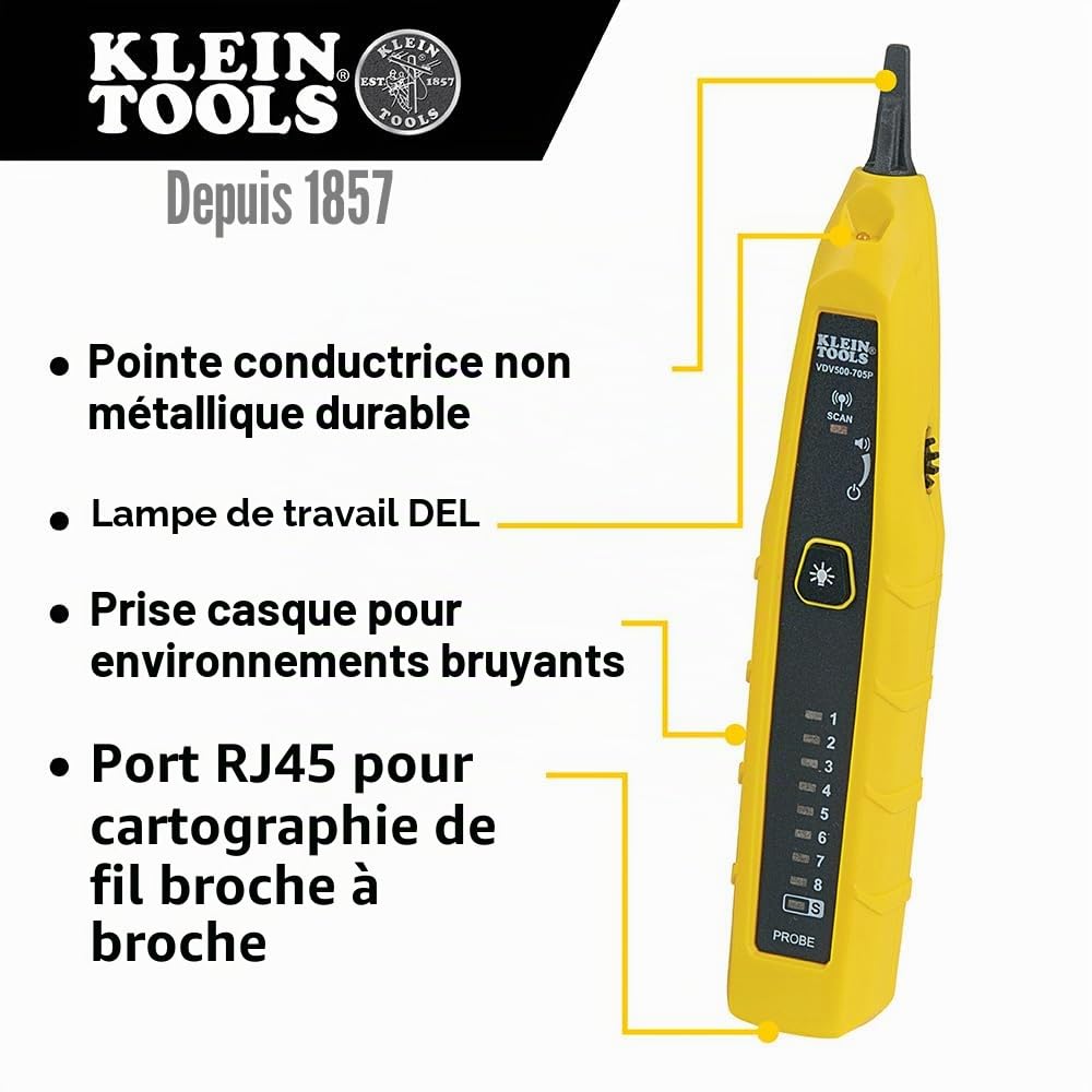 Klein Tools VDV500-705 | Kit Test Et Traçage Tonalité Et Sonde | Générateur De Tonité Et Sonde Inclus | Câbles RJ45 RJ12 Et Pinces | Pour Fils Non Actifs