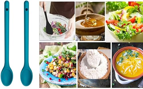 Miniatura 10 de Juego de 3 cucharas para remover para cocinar, cucharas de silicona de mango largo de 12 pulgadas, cucharas de mezcla antiadherentes para cocinar,