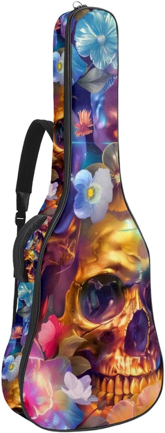 40 41 42 Inch Guitar Bags, Waterproof Padded Acoustic Guitar Case Backpack with Adjustable Shoulder Strap & Pockets, Colorful Skulls and Flowers