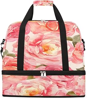 Weekender Bag for Women Man, Rose Flower Floral Watercolor Foldie Travel Duffel Bag with Shoe Compartment, Carry on Overnight Bags Sports Gym Bags for Airplanes Yoga Dance Beach Swim Hospital,A-2112