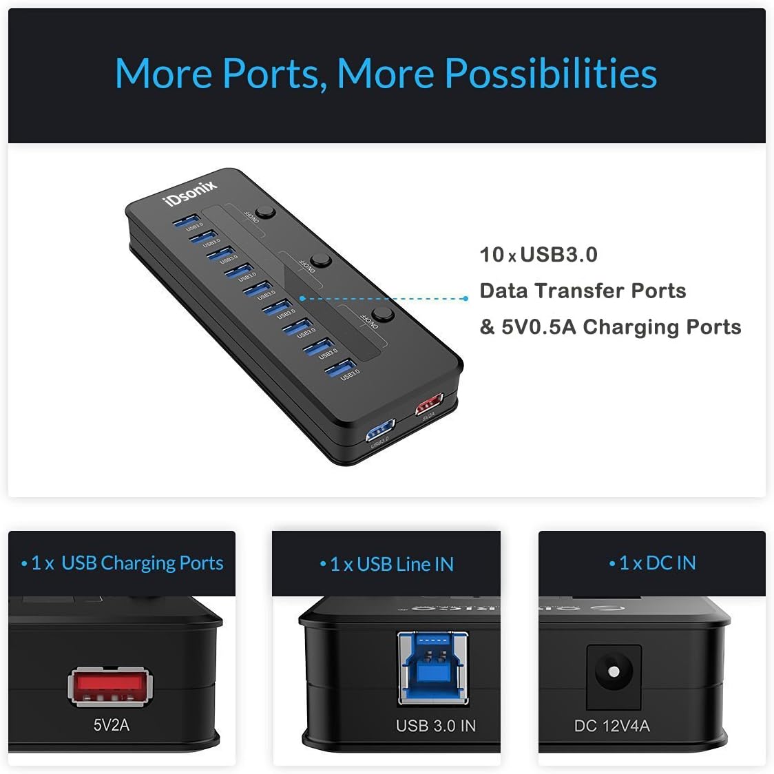 IDsonix 10 Port USB3.0 Hub with One Charging Port for Windows/Linux/Mac OS