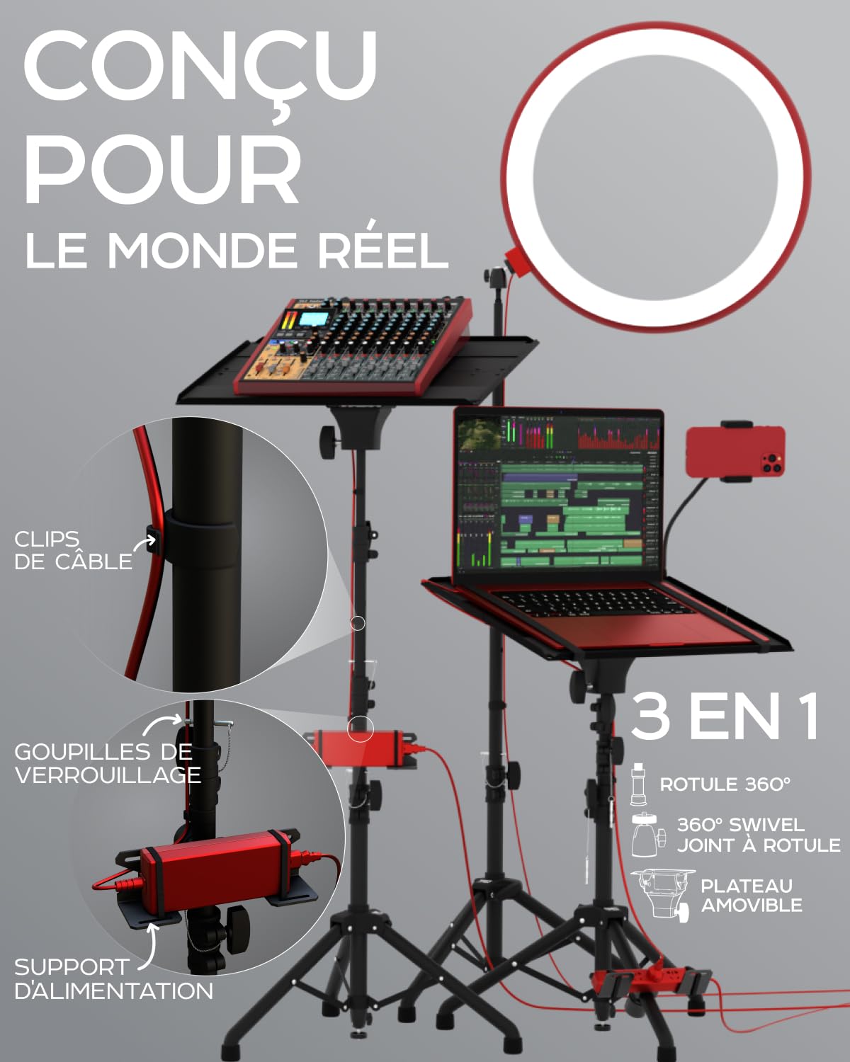 Pied de projecteur, hauteur 68,6 - 157,5 cm, pied de projecteur au sol, pied pour caméra et lumière - bien conçu, facile à régler, support DJ et support pour musique ou film